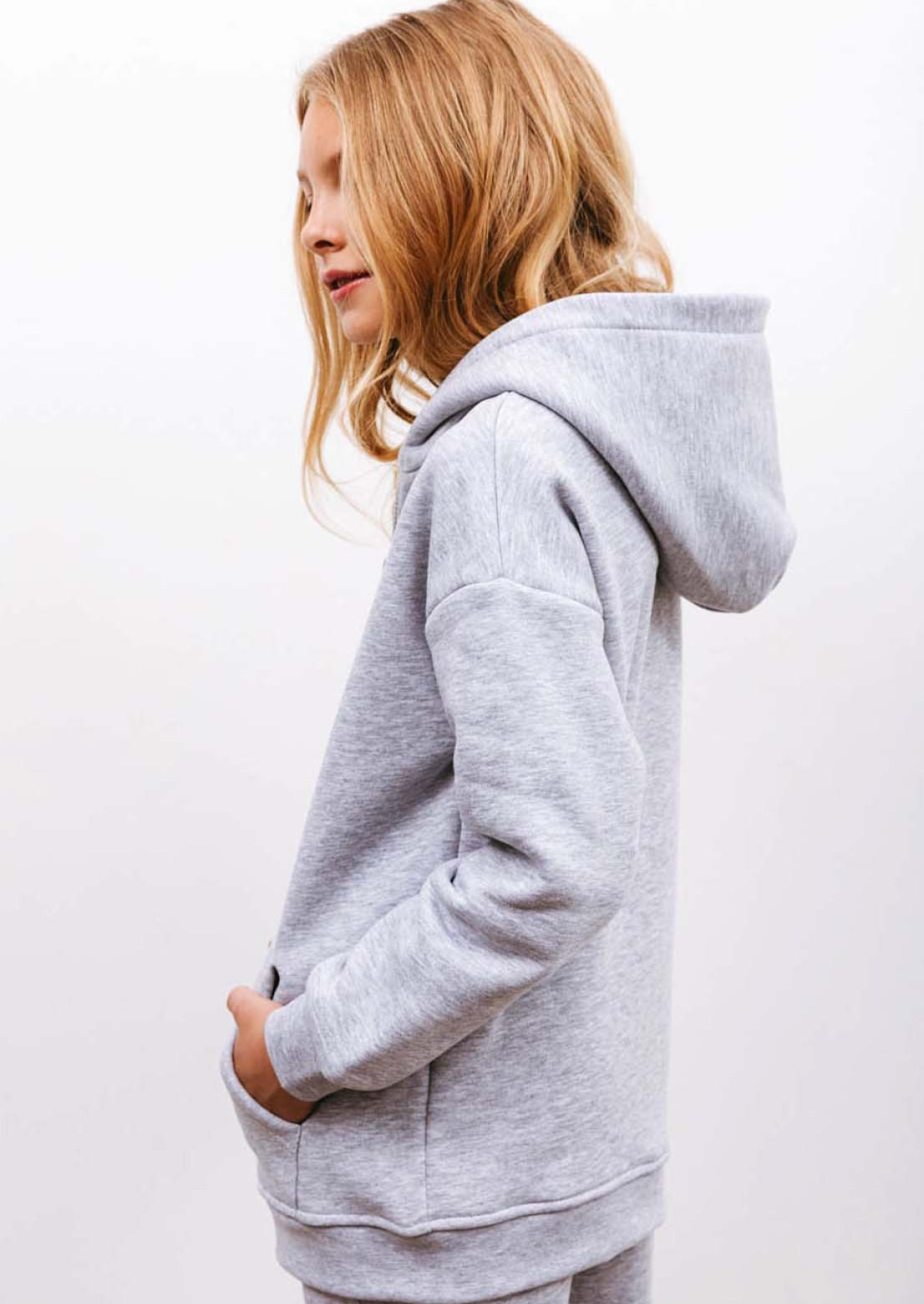 Grey melange color kids footer hoodie